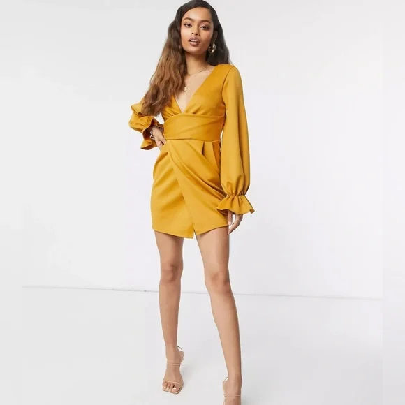ASOS Design Petite Wrap Plunge Mini Dress with Flute Sleeve in Mustard - Picture 2 of 9